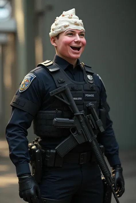  Create an image of a policeman wearing a uniform with a rifle and a ballistic vest,  this cop is a member of the American special forces, The
This cop has a happy ice cream mask on his face