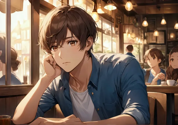  A character of approximately 30 years old ,  with short brown hair and brown eyes , You are sitting in a cafe , THOUGHTFUL,  while listening to a friend speak .  He is wearing a casual blue shirt and dark jeans , demonstrating reflection.  The café enviro...