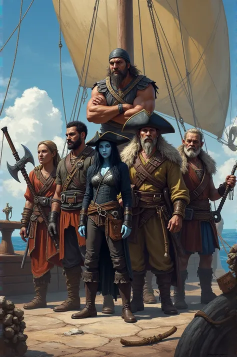 Group of pirates. Include a female light blue skinned drow with black pirate hat. Human male handsome. Big stocky orc cook. Twin dwarves. Gnome with explosives. Female half giantess barbarian. 