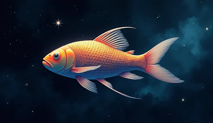  surrealist painting style, a fish swimming in outer space towards infinity, imitating reality 
