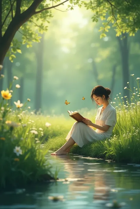 The woman on the riverbank :  Can you imagine a woman sitting in the field ,  surrounded by nature and hidden among the vegetation, immersed in reading a book . To draw it please animated