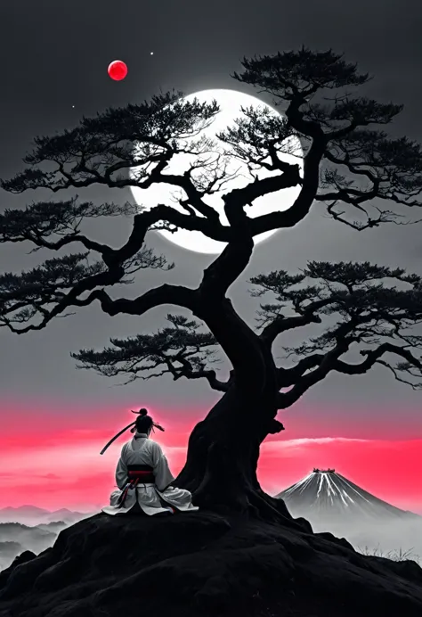 surreal theme, anime style, white fleecy hill, sprawling black and white tree,a samurai meditates under a tree , red neon moon i...