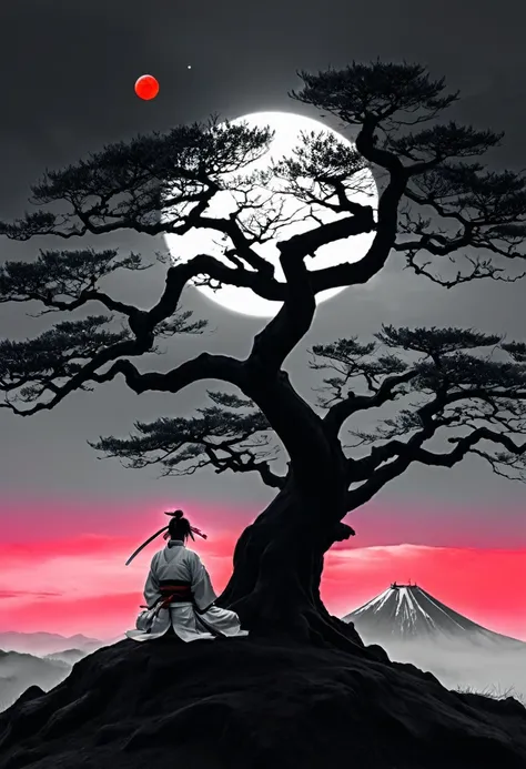 surreal theme, anime style, white fleecy hill, sprawling black and white tree,a samurai meditates under a tree , red neon moon i...