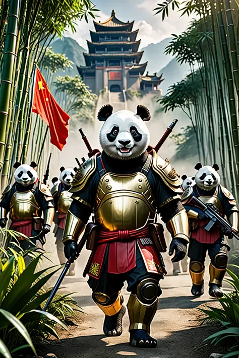 Ultra-detailed 8k image of a colossal anthropomorphic panda warrior representing China, marching alongside Chinese special forces soldiers in tactical gear. The panda wears high-tech armor with red and gold accents and a Chinese flag emblem. The scene is s...