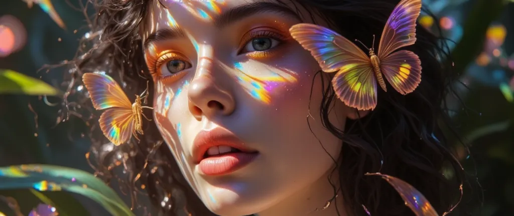 a dreamy composition featuring a young stunning elegant alien  woman with flowing black smoke hair,(( she has multicolor rainbow...