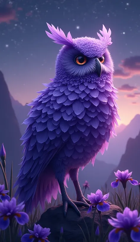 Image is a digital artwork illustrating a stylized, mythical owl composed entirely of deep purple irises. The owl is captured in a poised and watchful stance, with its wings elegantly formed by cascading iris petals, giving it an air of wisdom and mystery....