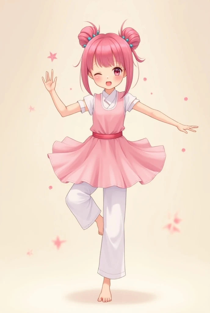 A cute anime girl with pink hair wearing a pink dress and white taekwondo pants is dancing