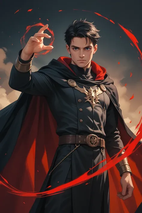 A 10 boy with black hair and black eyes 
Costume that is red and black with a cape between his tight and red magic surrounding his hands