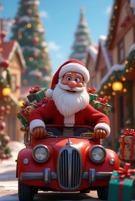 A happy skinny Santa Claus , Happy and blue-eyed with lots of presents and on a car and a Christmas tree and in the background a Pixar-style Christmas village