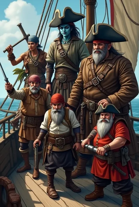 Group of pirates. Include a female light blue skinned drow with black pirate hat, Human male handsome, Big stocky orc cook, Twin dwarves, Gnome with explosives, and Female half giantess barbarian. 