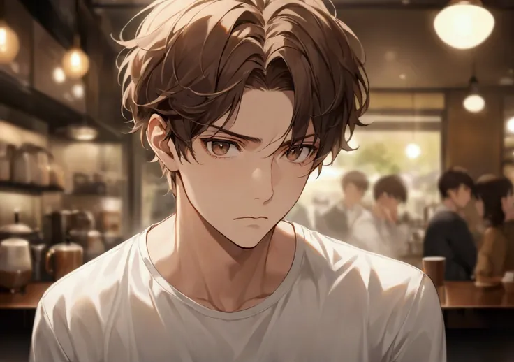 a 30 year old young man,  short brown hair and a serious face ,  looks directly at the camera while reflecting on what he heard.  He wears a light shirt and is in the same coffee environment , with a blurred background, showing a slight distress . high def...