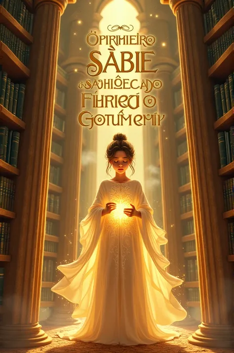 Book cover illustration for the title O Primeiro Sábio da Biblioteca do Conhecimento. A young ethereal soul, softly glowing, holds a radiant ancient book inside a grand celestial library. The  appears curious and wise, standing in front of towering golden ...