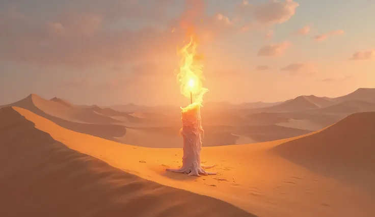  surrealist painting style, a burning candle rising on the desert floor,  One morning 