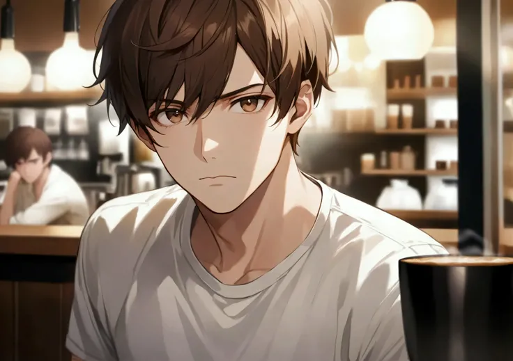 a 30 year old young man,  short brown hair and a serious face ,  looks directly at the camera while reflecting on what he heard.  He wears a light shirt and is in the same coffee environment , with a blurred background, showing a slight distress . high def...