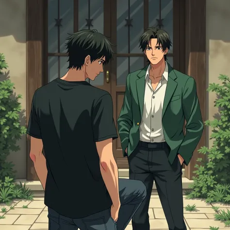 A adult handsome boy wears a cool black shirt black hairs show his back he knees infront a adult handsome boy wears cool green jacket over white shirt his hands in his pants pockets standing infront of the knees guy both in old family estate anime style 