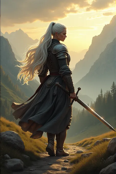 White-haired miso, medieval, long sword-bearing, backward-looking, travelling, ponytail hair, warrior