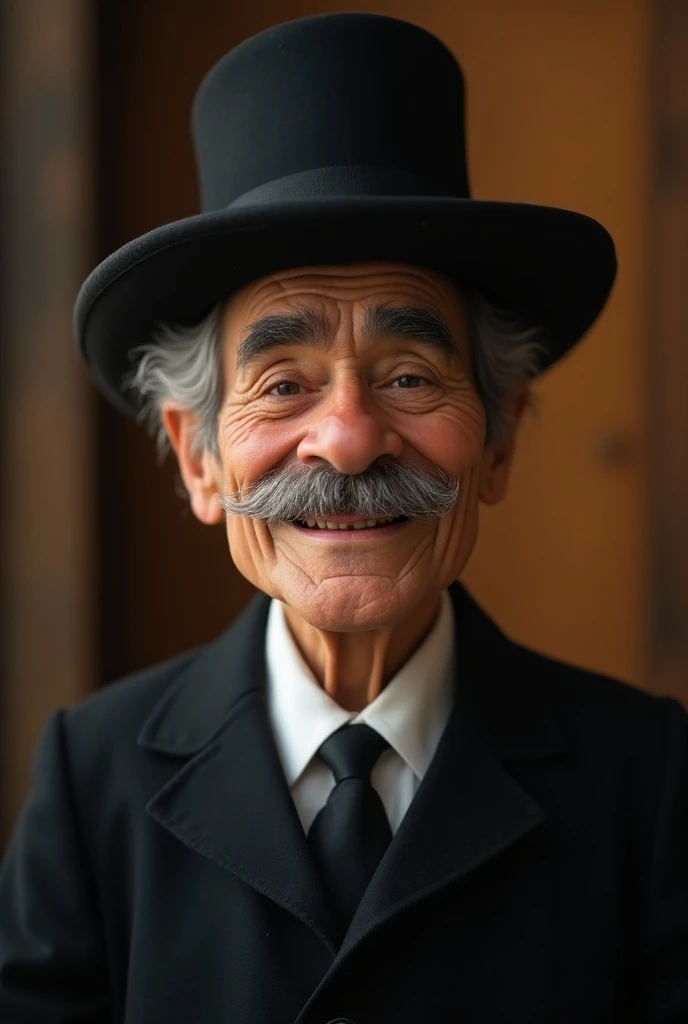  A portrait in the foreground of a trained chulla from Quito, with mustache, black suit with a black hat with a Pixar ,  style must be of old age the mustache be white and have a look that transmits joy