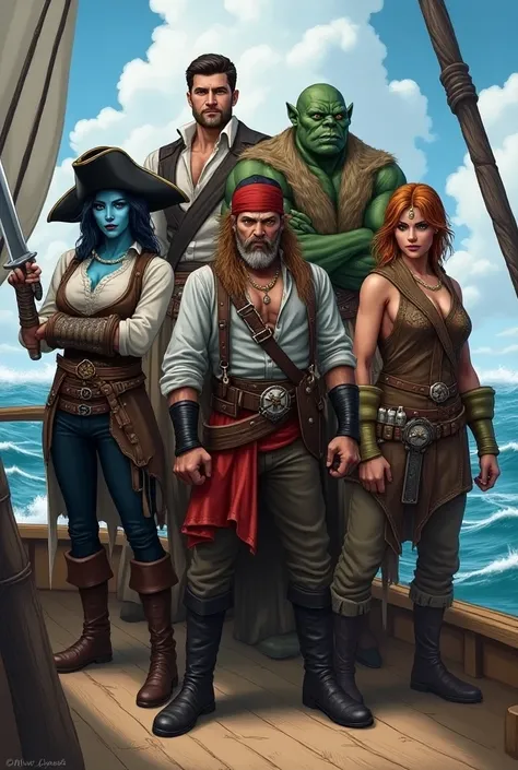 Group of pirates. Include a female light blue skinned drow with black pirate hat, a Human male handsome, a Big stocky orc with green skin, Twin dwarves, a Gnome with explosives, and a muscular woman. 