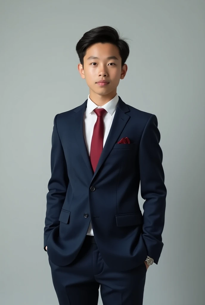  Teenage boy,  formal contract , navy blue ,  white shirt, cherry tie.