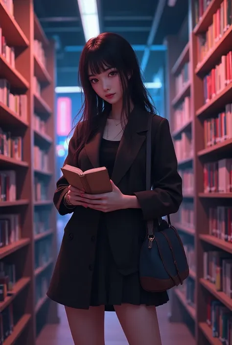 Create an image of a young Japanese woman in a cozy library, carefully packing books into a soft, stylish bag. She has long, dark hair and is dressed in a fashionable outfit that includes a very short skirt, accentuating her figure. The library is filled w...