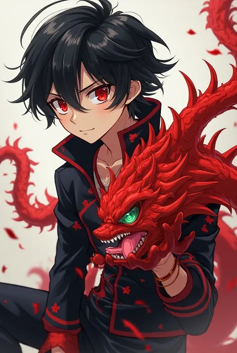  Handsome boy medium length black hair with red details, manly, young red-eyed teenager , Main cast style of the anime Dandadan invents a half-monstrous Yokai shape according to the character 