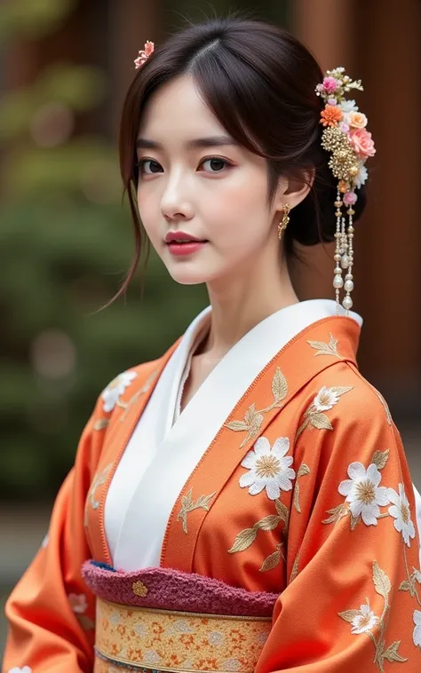 A Japanese woman dressed in traditional attire like yukata. She is wearing a white silk kosode, simple and elegant, with long sleeves reaching down to her ankles. Over the kosode, she wears a vibrant orange uchikake decorated with intricate floral patterns...