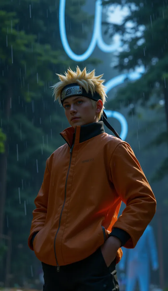 create naruto uzumaki in a medium shot, standing in heavy rain against a dark forest background. wearing wet orange jacket, wate...