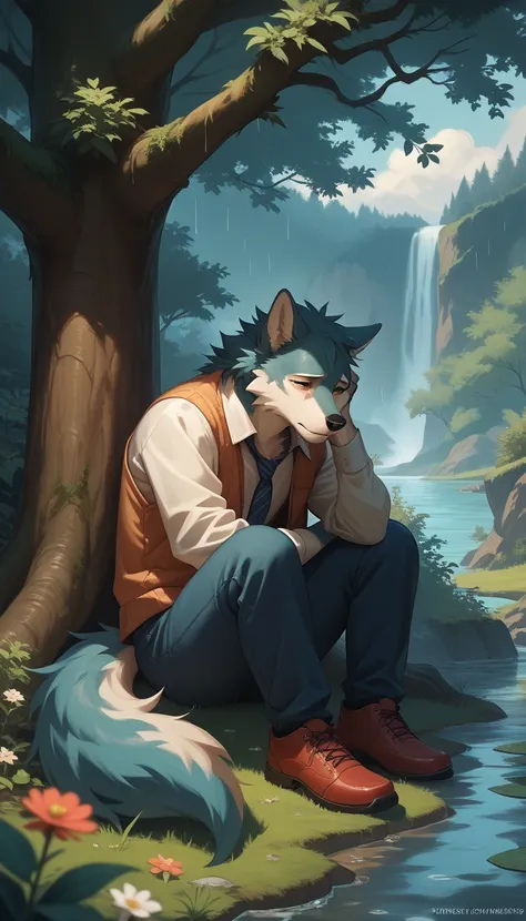 ((anime)), anthro, wolf, , cry, sad, sitting on ground, river, under tree, raining