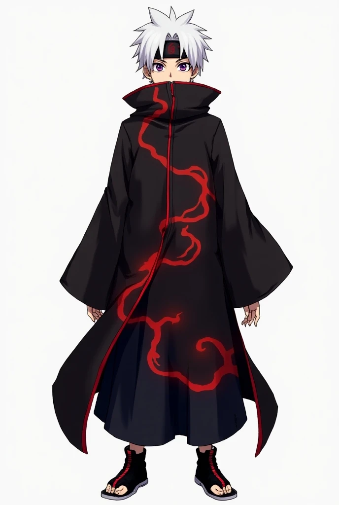  A tall, fair-skinned teenager , white hair tousled,  Rinnegans purple eyes and a headband on his forehead.  He wears a black robe with very long sleeves and a red cloud design all over his robe and,  a red zipo that reaches up to a large collar closed wit...