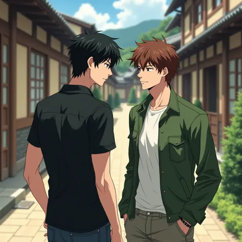 A adult handsome boy wears a cool black shirt shirt black hairs show his back he knees infront a adult handsome boy wears cool green jacket over white tshirt his hands in his pants pockets brown messy hairs standing infront of the knees guy both in old fam...