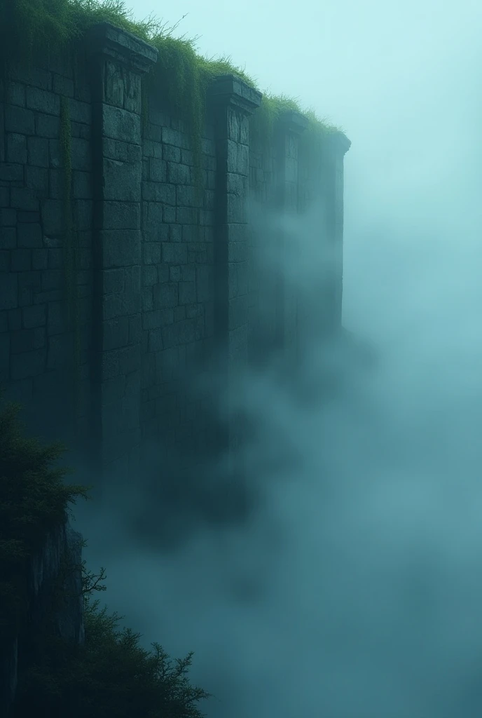 The big stone wall , top-down corner . fog,  is gloomy and the stone wall is old and covered in plants and moss. The style between cartoon and anime . The wall should be left to right and its wall cannot be seen either from the side or from above