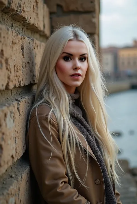 Beautiful young woman with platinum-blond long hair in front of a sandstone wall in the city of Civitaveccia wearing autumn clothes with jacket