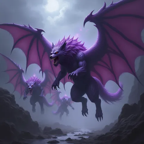 Create a full-body image of 3 Void Knights, wolf-like beasts corrupted by the Vacío, with massive wings and muscular, scaled bodies. Their purple skin is marked with branching veins that pulse with corrupted energy, and they each have snarling wolf heads, ...