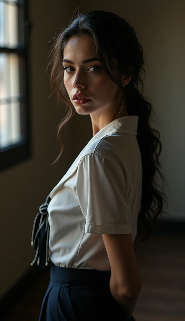 a sexy woman in a minimal school uniform, seductive, flirty pose, full body view, photorealistic, high quality, 8k, masterpiece, detailed face, beautiful eyes, beautiful lips, amazing lighting, moody atmosphere, cinematic, dramatic, hyper detailed