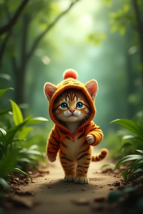 Circle々kitten ,   bright  , Genuine,  glowing blue eyes full of confidence  々  wear a tiger costume ,    walk the jungle runway  . Wear a tiger hat  
