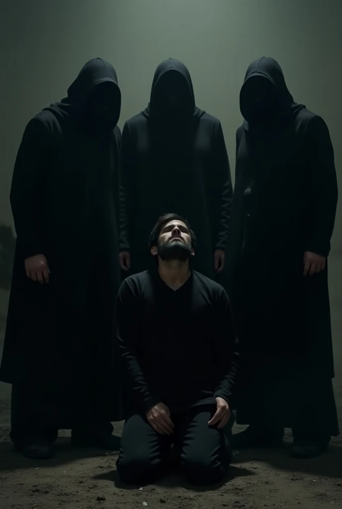  4 tall men are around one who is on his knees, Their presence is threatening . The one of evil and torment . are all dressed in black ,  from head to toe .  Their bodies blending at night ,  one of them is around the man on his knees 
