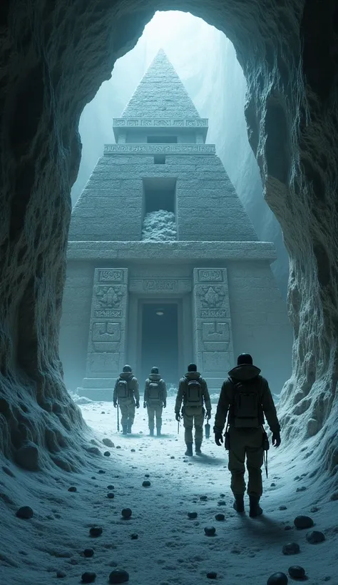 Ancient underground pyramid in Antarctica, detailed hieroglyphs and dark corridors, Xenomorph eggs scattered around, eerie lighting, humans exploring cautiously, realistic portrayal