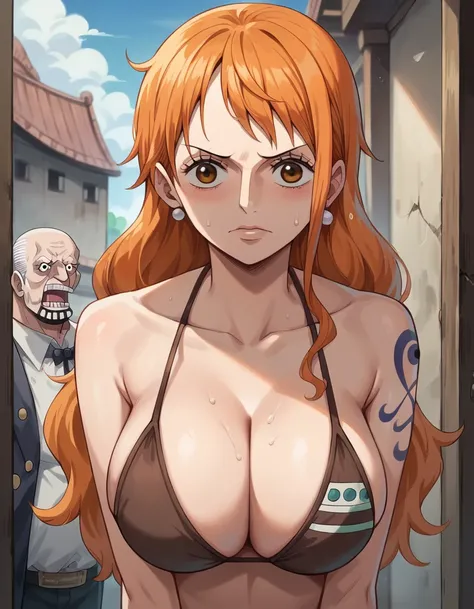 masterpiece, Best Quality, masterpiece, Best Quality, 1 female, Nami One Piece ,   long orange hair from behind the light , sly face , Brown Bikini , Big Breasts , abdomen. , 1 person , Oldman  , Sneaking up , Harassment ,  Abandoned Factories  