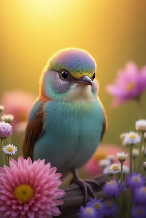 A captivating close-up of a gorgeous little bird illuminated by soft golden light on a peaceful morning, with vibrant bouquet balls gently framing its delicate form..