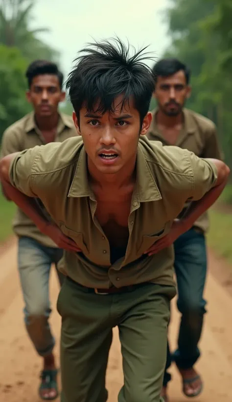 Create the image of a young man. He has dark hair, slightly messy and expressive eyes with an expression of fear.  Hes wearing a khaki shirt with some open buttons , and wears olive pants , being carried by two more men on a dirt road