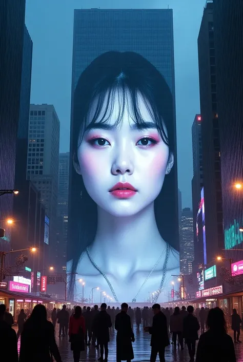 Голограмма в большом городе 



Huge holographic projection of an Asian womans face Seulgi from Red Velvet  on the side of high-rise buildings, in the style of cyberpunk, with neon lights and people walking in front of it.