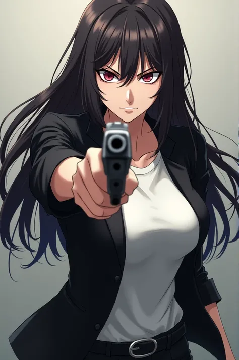 A adult girl in black suit over white tshirt big boobs long hair holding a gun at me sirious facial expressions anime style 