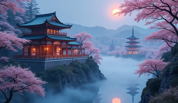 realistic Japanese landscape, traditional Japanese house, a beautiful Japanese night city landscape, winter,snow, intricate detailed architecture, towering pagodas, glowing lanterns, cherry blossom trees, mist-shrouded forest, dreamlike atmosphere, vibrant...