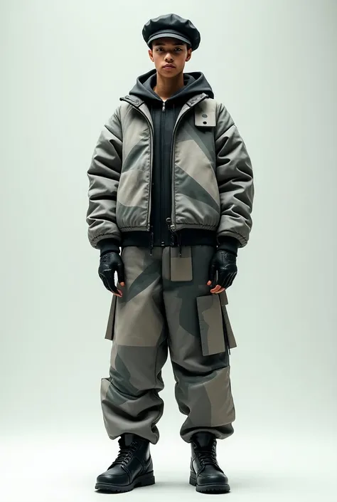 Tenue streetwear composée dun pantalon baggy qui se decompose en carrés des chaussures carrees et une vestes oversize qui elle se decompose en triangles des gants qui se decomposes en triangles et un jonnet