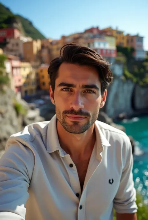 8k UHD DSLR super detailed and realistic shot of a 30-year-old man with dark brown hair and brown eyes taking a first-person selfie in Cinque Terre wearing a Fred Perry shirt with an old money haircut split to the left side 