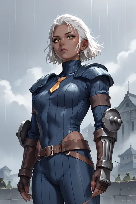 Beautiful female drow (dark grey skin) , in dark heavy armor , white hair , overlooking a goblin army (LOTR style) , storm brewing