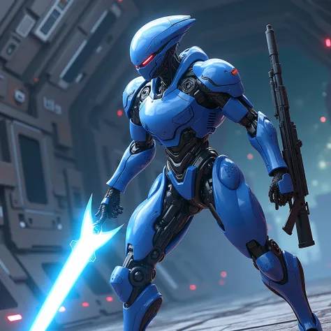  anime style. Alien cyborg ,  in space blue armor using a rifle and a plasma sword. In a space room