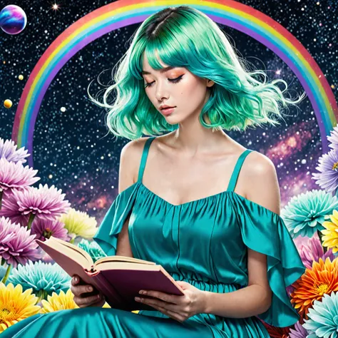 (best quality, masterpiece), 1girl, reading a book, particle, wind, flower, upper body, simple background, looking at viewer, rainbow colored hair, teal short floating dress, cosmic, nebulas, galaxy