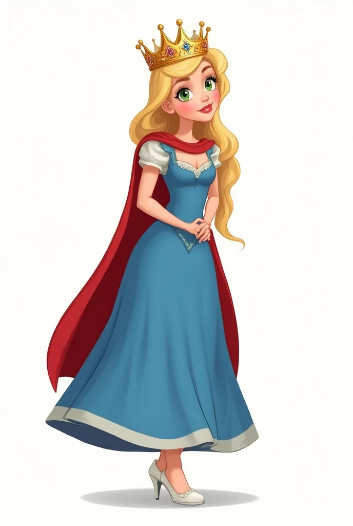 A full-length portrait with white heels of a queen of Quito dressed in blue and red, with her crown with a drawing style for a cartoon , It must be beautiful, blonde hair, green eyes and having a look that transmits joy 