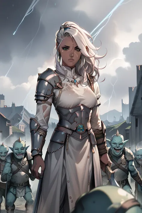 Beautiful female drow (dark grey skin) , in dark heavy armor , white hair , overlooking a goblin army (LOTR style) , storm brewing